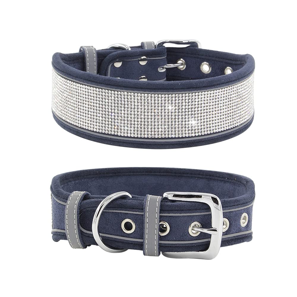 Rhinestone Dog Collar, Dazzling Sparkling Soft Suede Reflective Large Dog Collar Crystal Diamond Collar for Medium & Large Dogs (L:19-23", Black)
