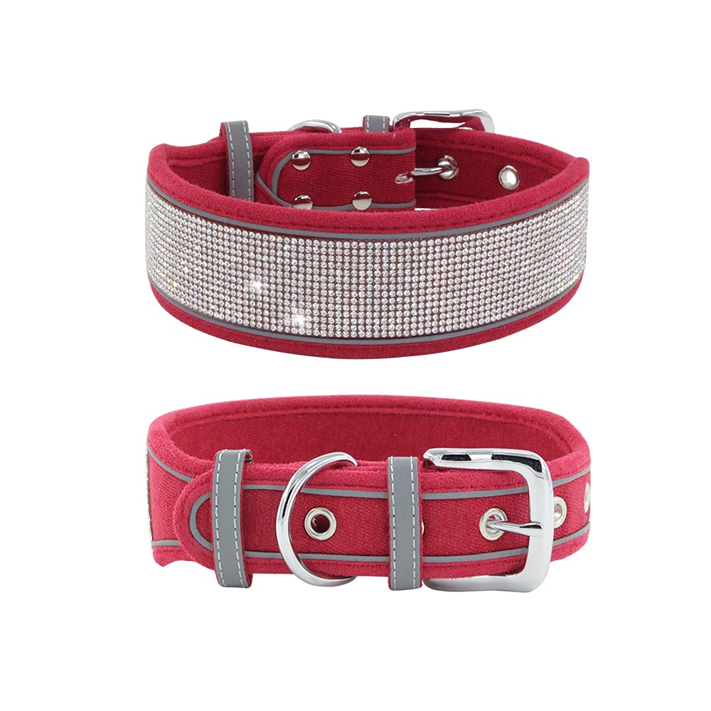 Rhinestone Dog Collar, Dazzling Sparkling Soft Suede Reflective Large Dog Collar Crystal Diamond Collar for Medium & Large Dogs (L:19-23", Black)
