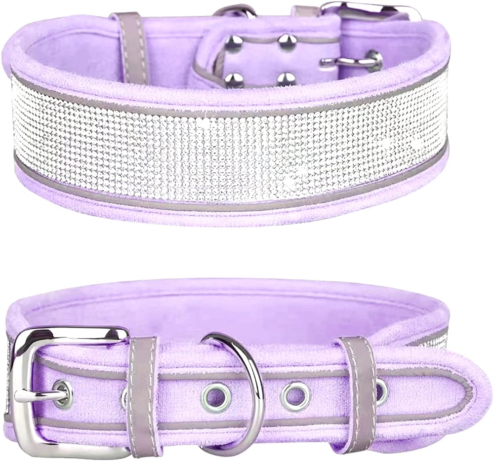 Rhinestone Dog Collar, Dazzling Sparkling Soft Suede Reflective Large Dog Collar Crystal Diamond Collar for Medium & Large Dogs (L:19-23", Black)