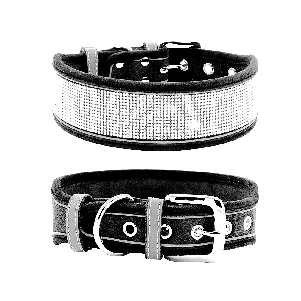 Rhinestone Dog Collar, Dazzling Sparkling Soft Suede Reflective Large Dog Collar Crystal Diamond Collar for Medium & Large Dogs (L:19-23", Black)
