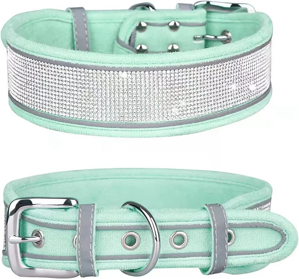 Rhinestone Dog Collar, Dazzling Sparkling Soft Suede Reflective Large Dog Collar Crystal Diamond Collar for Medium & Large Dogs (L:19-23", Black)