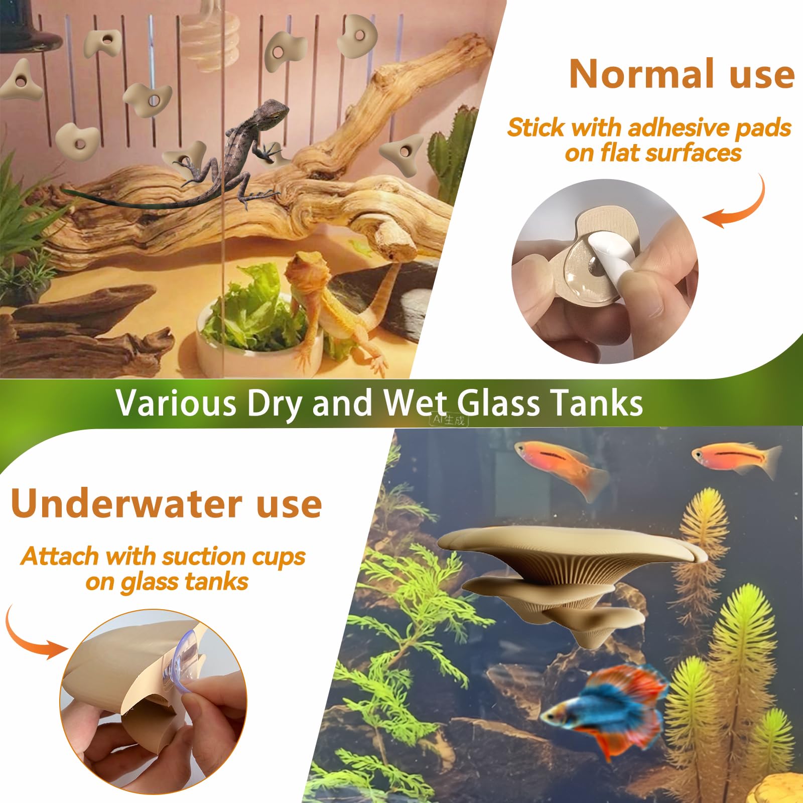 Mushroom Terrarium Decor & Climbing Hold Kit,with 12 Rock Holds, Suction Cups & Adhesive Dots for Geckos, Frogs, Small Lizards & Snakes in Dry/Semi-Moist Habitats (Lavender Silver)