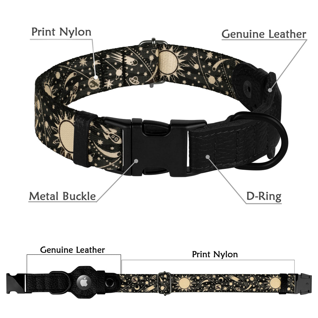 AirTag Dog Collar with Metal Buckle - Printed Nylon Soft Leather Dog Collar with Apple AirTag Holder - Secure Tracking GPS Pet Collars for Girl Boy Small Large Dogs (S, 12"-15" Neck Fit, Space)