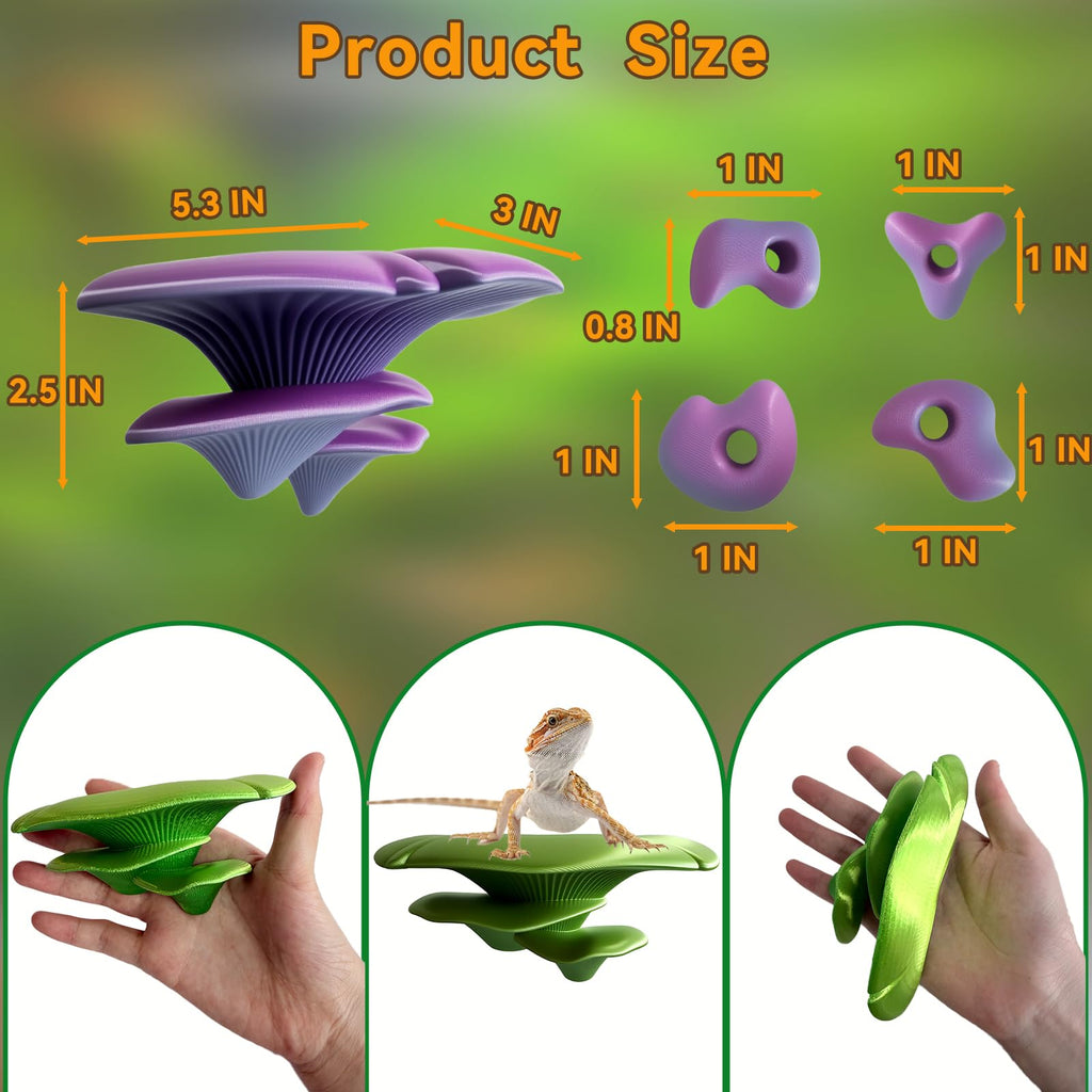 Mushroom Terrarium Decor & Climbing Hold Kit,with 12 Rock Holds, Suction Cups & Adhesive Dots for Geckos, Frogs, Small Lizards & Snakes in Dry/Semi-Moist Habitats (Lavender Silver)