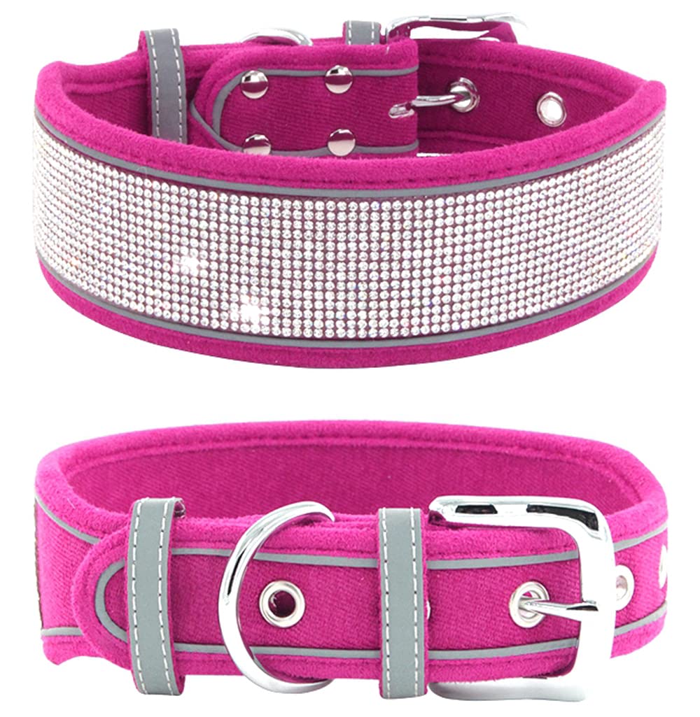 Rhinestone Dog Collar, Dazzling Sparkling Soft Suede Reflective Large Dog Collar Crystal Diamond Collar for Medium & Large Dogs (L:19-23", Black)