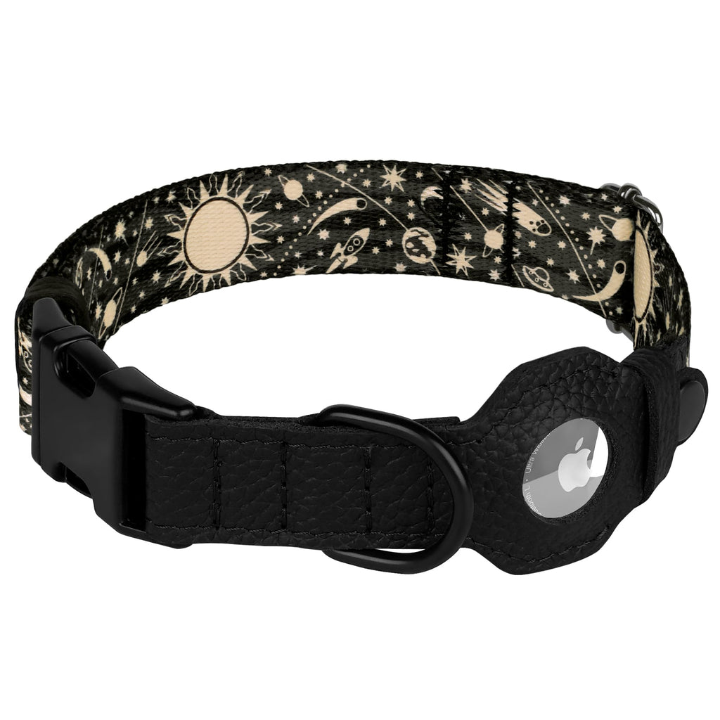 AirTag Dog Collar with Metal Buckle - Printed Nylon Soft Leather Dog Collar with Apple AirTag Holder - Secure Tracking GPS Pet Collars for Girl Boy Small Large Dogs (S, 12"-15" Neck Fit, Space)