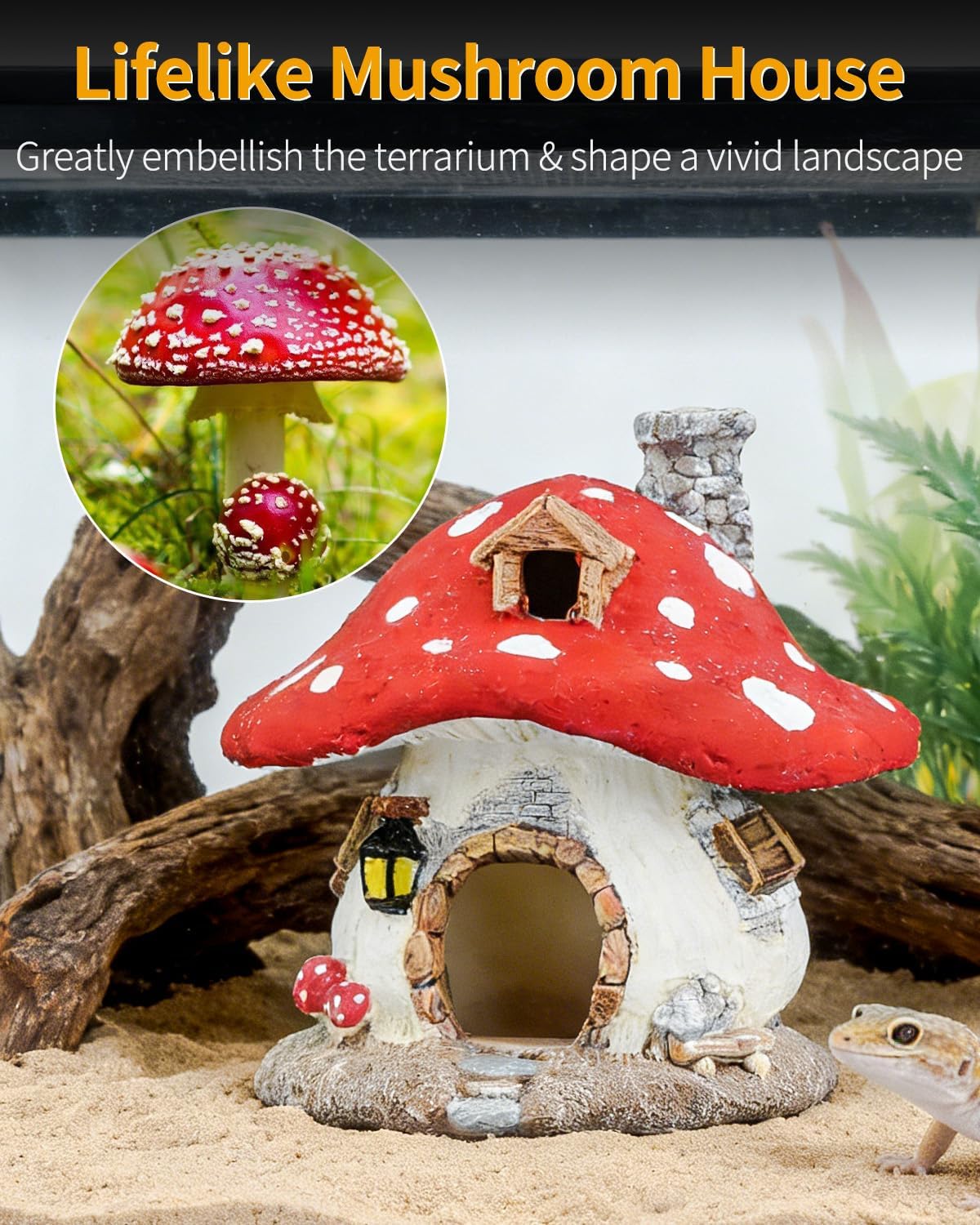 Uniclife Reptile Decoration, Mushroom House for Reptiles, Realistic Resin Terrarium Mushroom Cottage Decorations, Tortoise Decor Tank Accessories for Turtle, Gecko, Lizard & Bearded Dragon