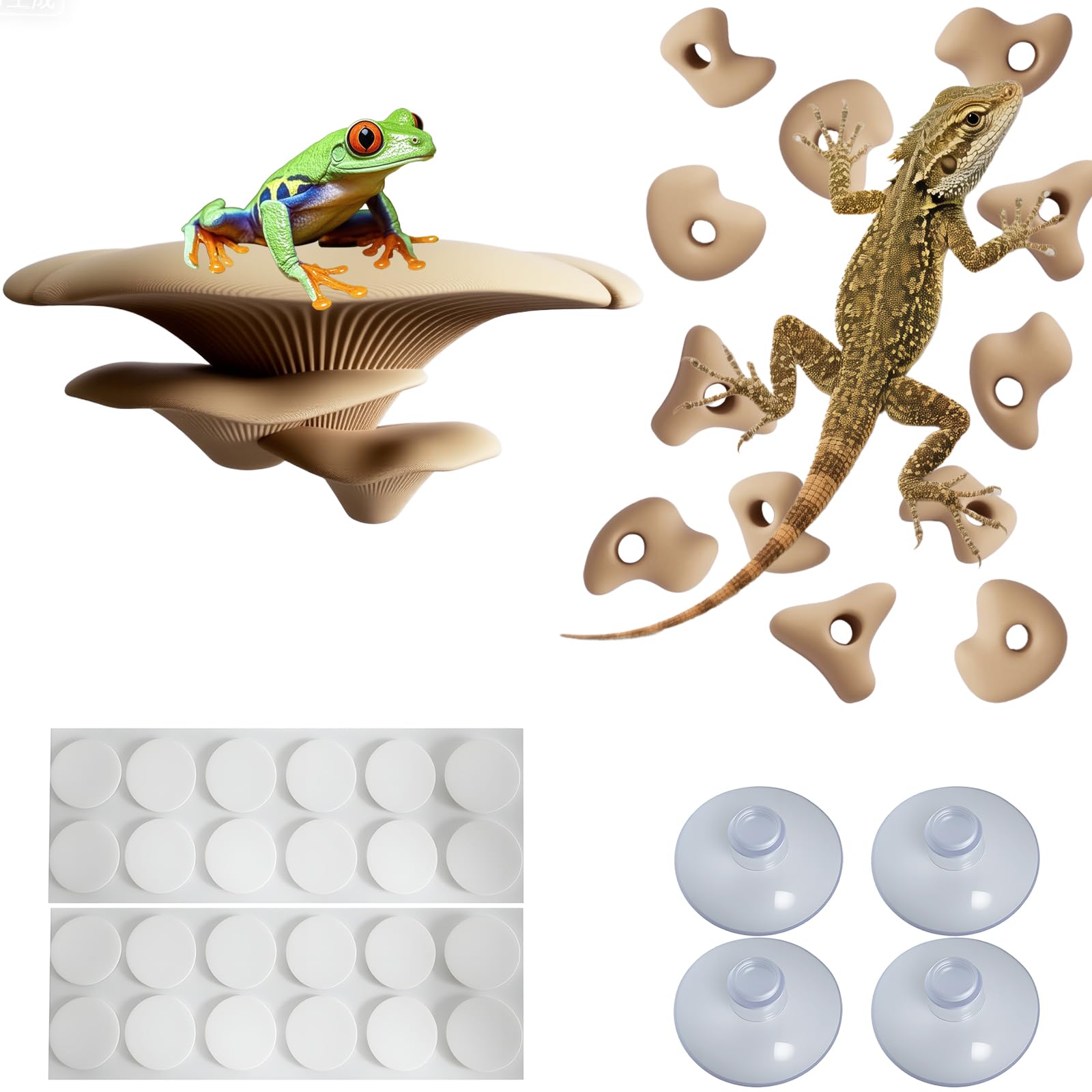 Mushroom Terrarium Decor & Climbing Hold Kit,with 12 Rock Holds, Suction Cups & Adhesive Dots for Geckos, Frogs, Small Lizards & Snakes in Dry/Semi-Moist Habitats (Lavender Silver)