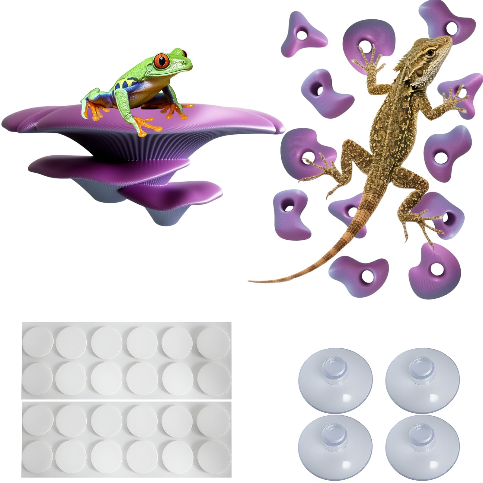 Mushroom Terrarium Decor & Climbing Hold Kit,with 12 Rock Holds, Suction Cups & Adhesive Dots for Geckos, Frogs, Small Lizards & Snakes in Dry/Semi-Moist Habitats (Lavender Silver)