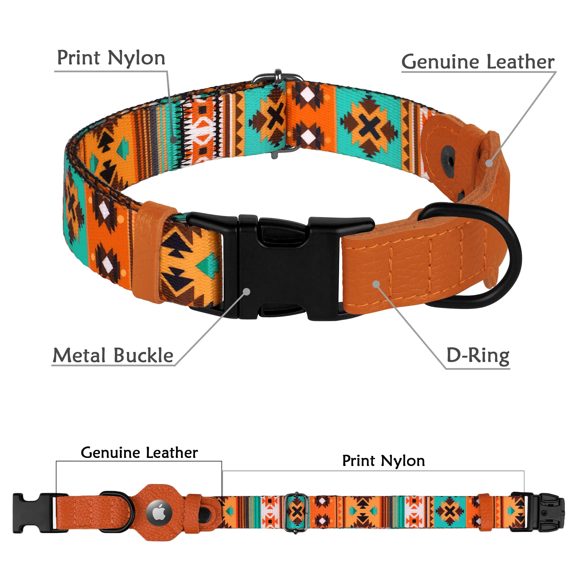 AirTag Dog Collar with Metal Buckle - Printed Nylon Soft Leather Dog Collar with Apple AirTag Holder - Secure Tracking GPS Pet Collars for Girl Boy Small Large Dogs (S, 12"-15" Neck Fit, Space)