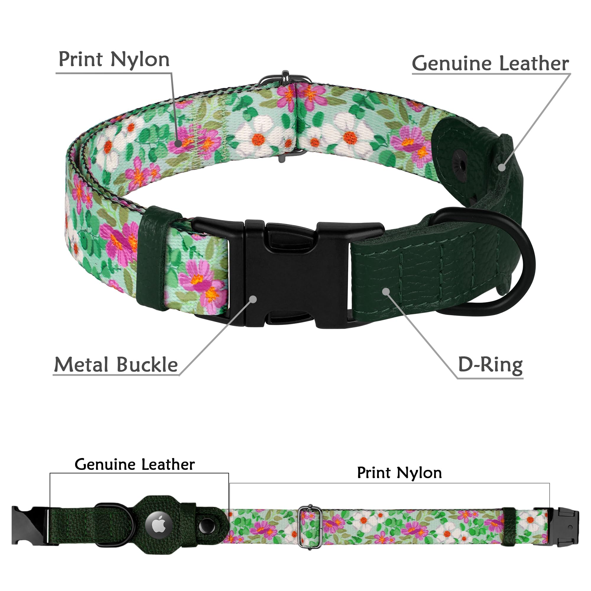 AirTag Dog Collar with Metal Buckle - Printed Nylon Soft Leather Dog Collar with Apple AirTag Holder - Secure Tracking GPS Pet Collars for Girl Boy Small Large Dogs (S, 12"-15" Neck Fit, Space)