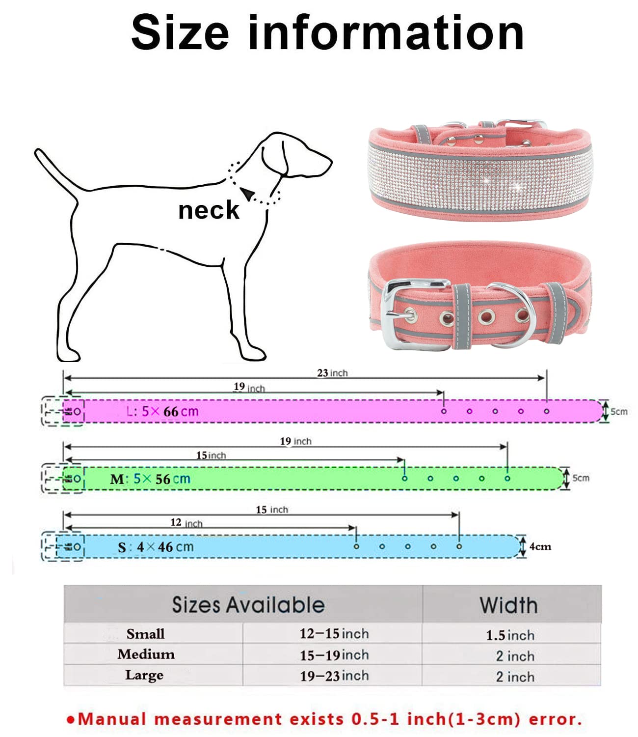 Rhinestone Dog Collar, Dazzling Sparkling Soft Suede Reflective Large Dog Collar Crystal Diamond Collar for Medium & Large Dogs (L:19-23", Black)