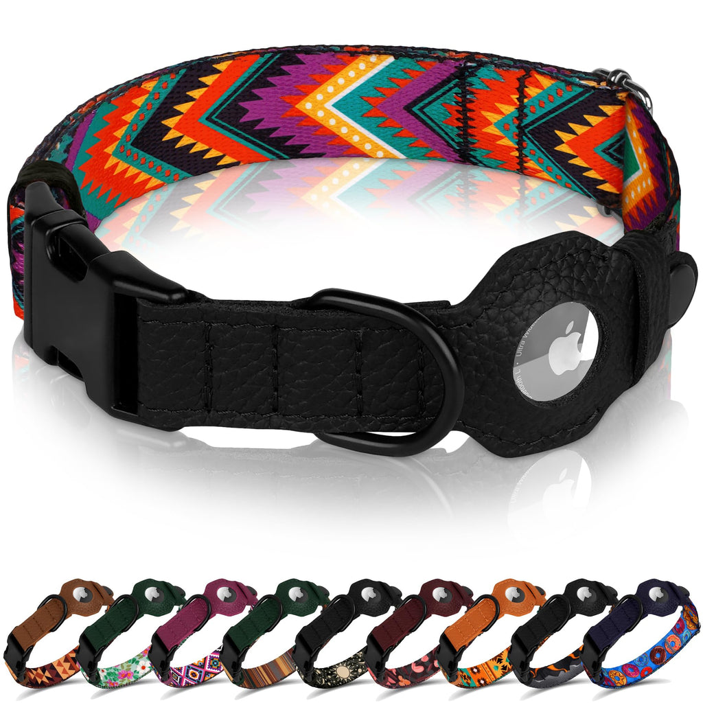 AirTag Dog Collar with Metal Buckle - Printed Nylon Soft Leather Dog Collar with Apple AirTag Holder - Secure Tracking GPS Pet Collars for Girl Boy Small Large Dogs (S, 12"-15" Neck Fit, Space)