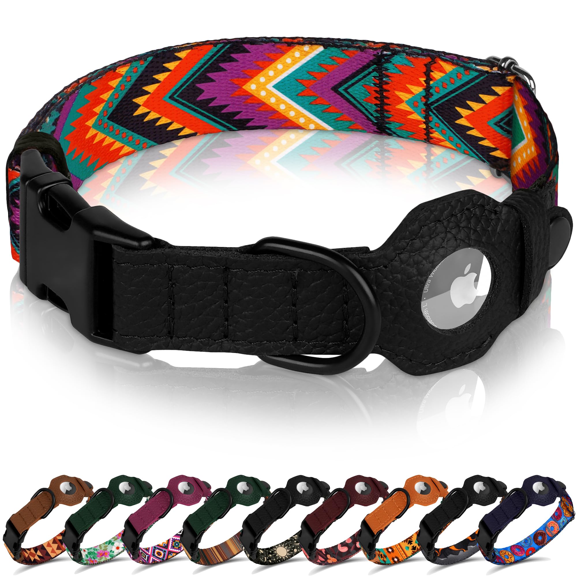 AirTag Dog Collar with Metal Buckle - Printed Nylon Soft Leather Dog Collar with Apple AirTag Holder - Secure Tracking GPS Pet Collars for Girl Boy Small Large Dogs (S, 12"-15" Neck Fit, Space)