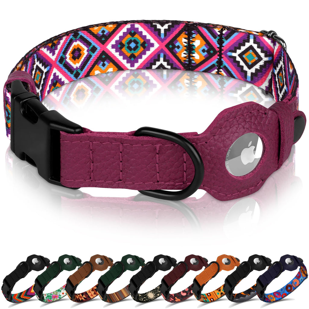 AirTag Dog Collar with Metal Buckle - Printed Nylon Soft Leather Dog Collar with Apple AirTag Holder - Secure Tracking GPS Pet Collars for Girl Boy Small Large Dogs (S, 12"-15" Neck Fit, Space)