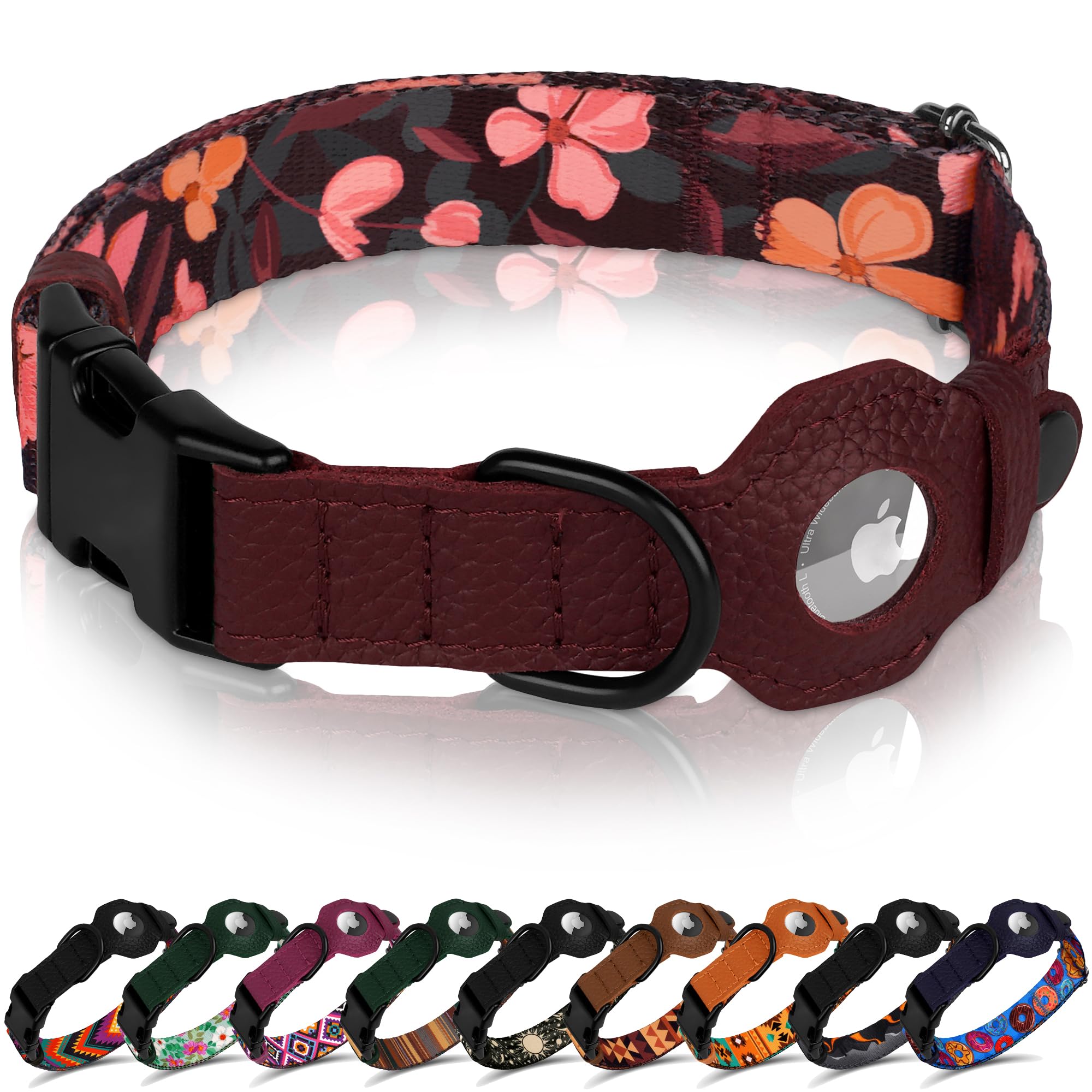AirTag Dog Collar with Metal Buckle - Printed Nylon Soft Leather Dog Collar with Apple AirTag Holder - Secure Tracking GPS Pet Collars for Girl Boy Small Large Dogs (S, 12"-15" Neck Fit, Space)
