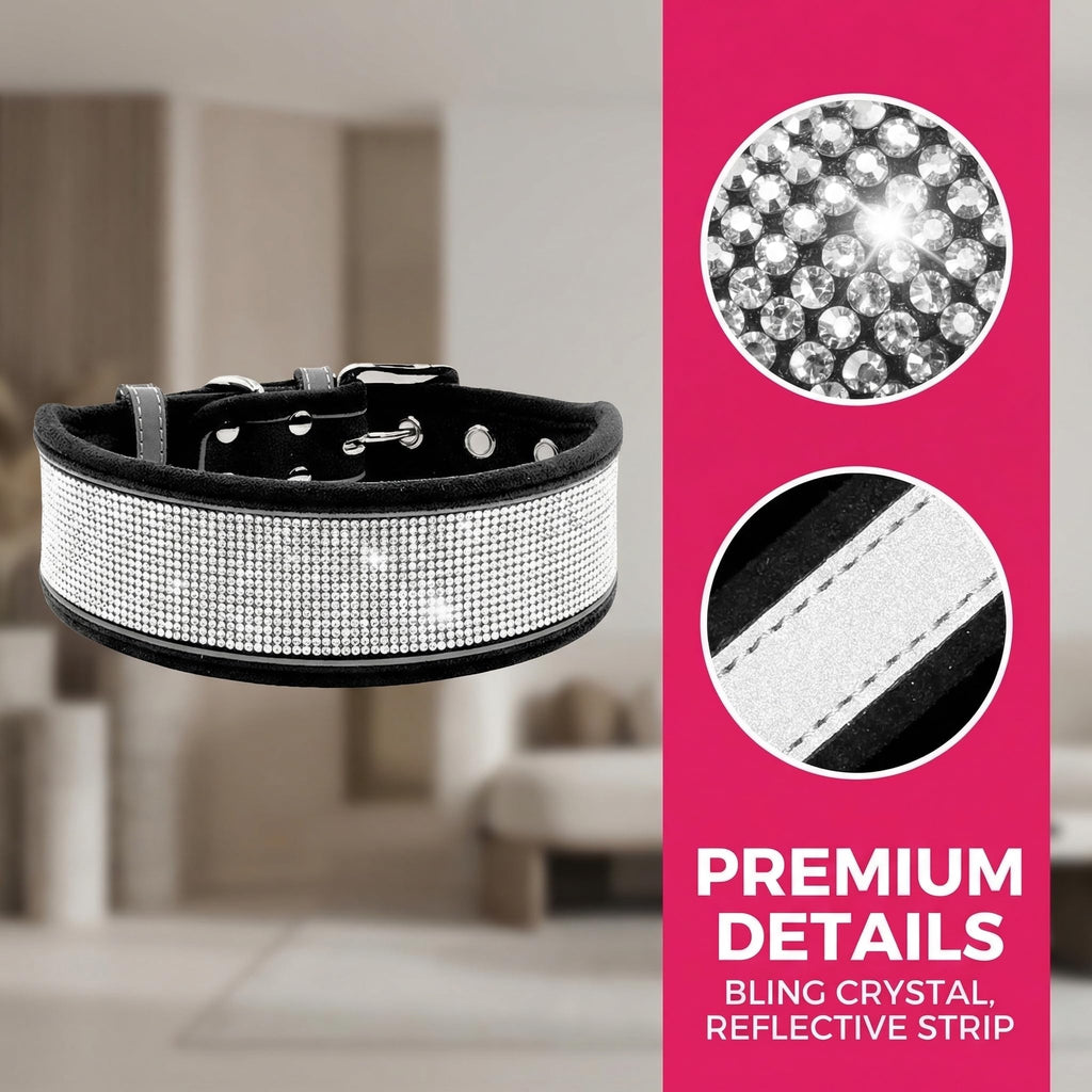 Rhinestone Dog Collar, Dazzling Sparkling Soft Suede Reflective Large Dog Collar Crystal Diamond Collar for Medium & Large Dogs (L:19-23", Black)