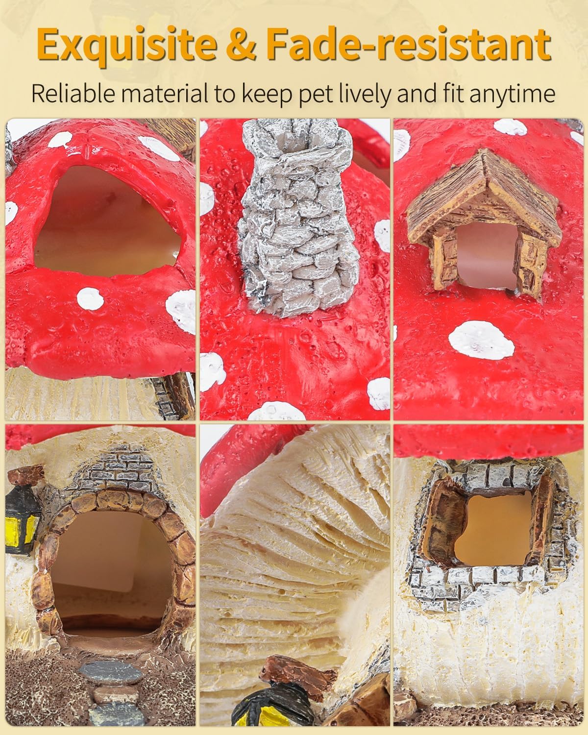 Uniclife Reptile Decoration, Mushroom House for Reptiles, Realistic Resin Terrarium Mushroom Cottage Decorations, Tortoise Decor Tank Accessories for Turtle, Gecko, Lizard & Bearded Dragon