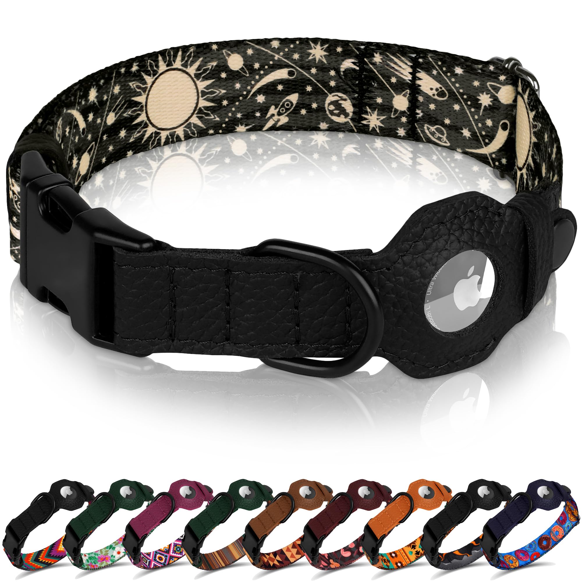 AirTag Dog Collar with Metal Buckle - Printed Nylon Soft Leather Dog Collar with Apple AirTag Holder - Secure Tracking GPS Pet Collars for Girl Boy Small Large Dogs (S, 12"-15" Neck Fit, Space)