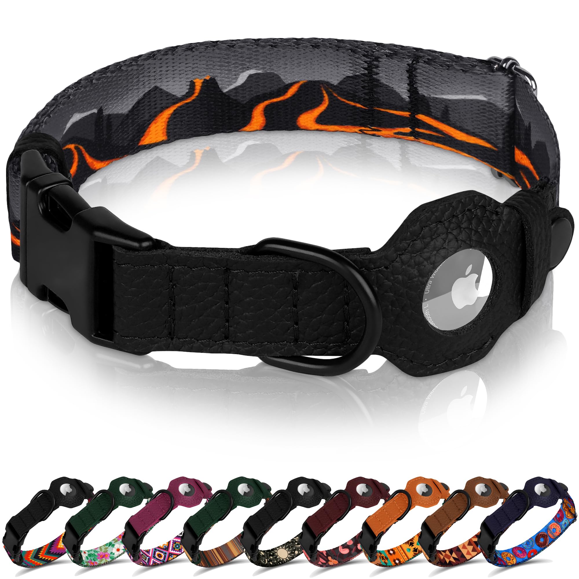 AirTag Dog Collar with Metal Buckle - Printed Nylon Soft Leather Dog Collar with Apple AirTag Holder - Secure Tracking GPS Pet Collars for Girl Boy Small Large Dogs (S, 12"-15" Neck Fit, Space)