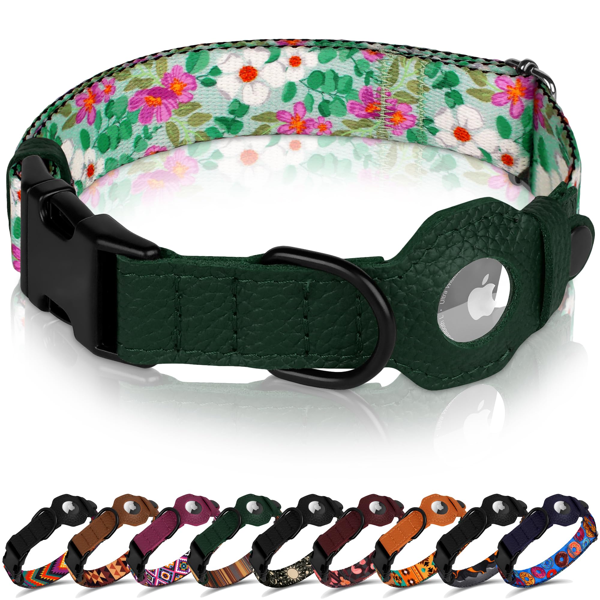 AirTag Dog Collar with Metal Buckle - Printed Nylon Soft Leather Dog Collar with Apple AirTag Holder - Secure Tracking GPS Pet Collars for Girl Boy Small Large Dogs (S, 12"-15" Neck Fit, Space)